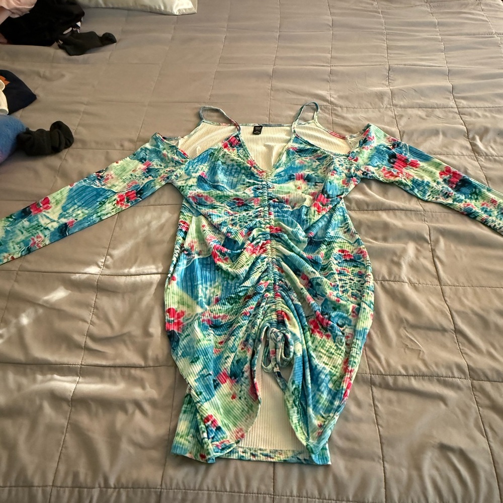 Blue Green Bodycon Cocktail Dress with Cold Shoulder